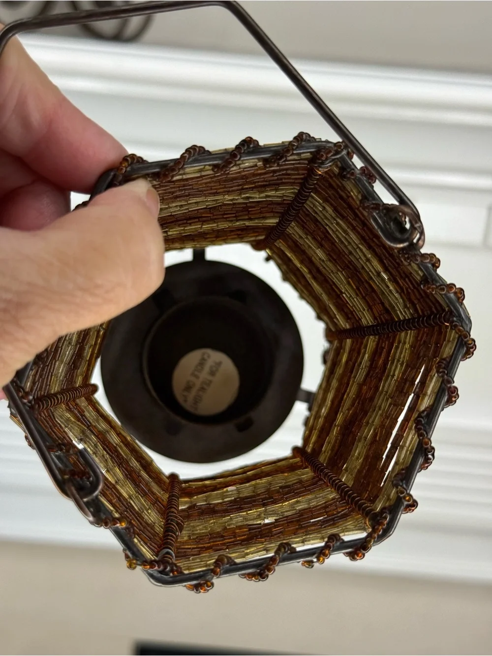 Mystical Beaded hanging tea light with Metal stand - Brown & gold 17” tall